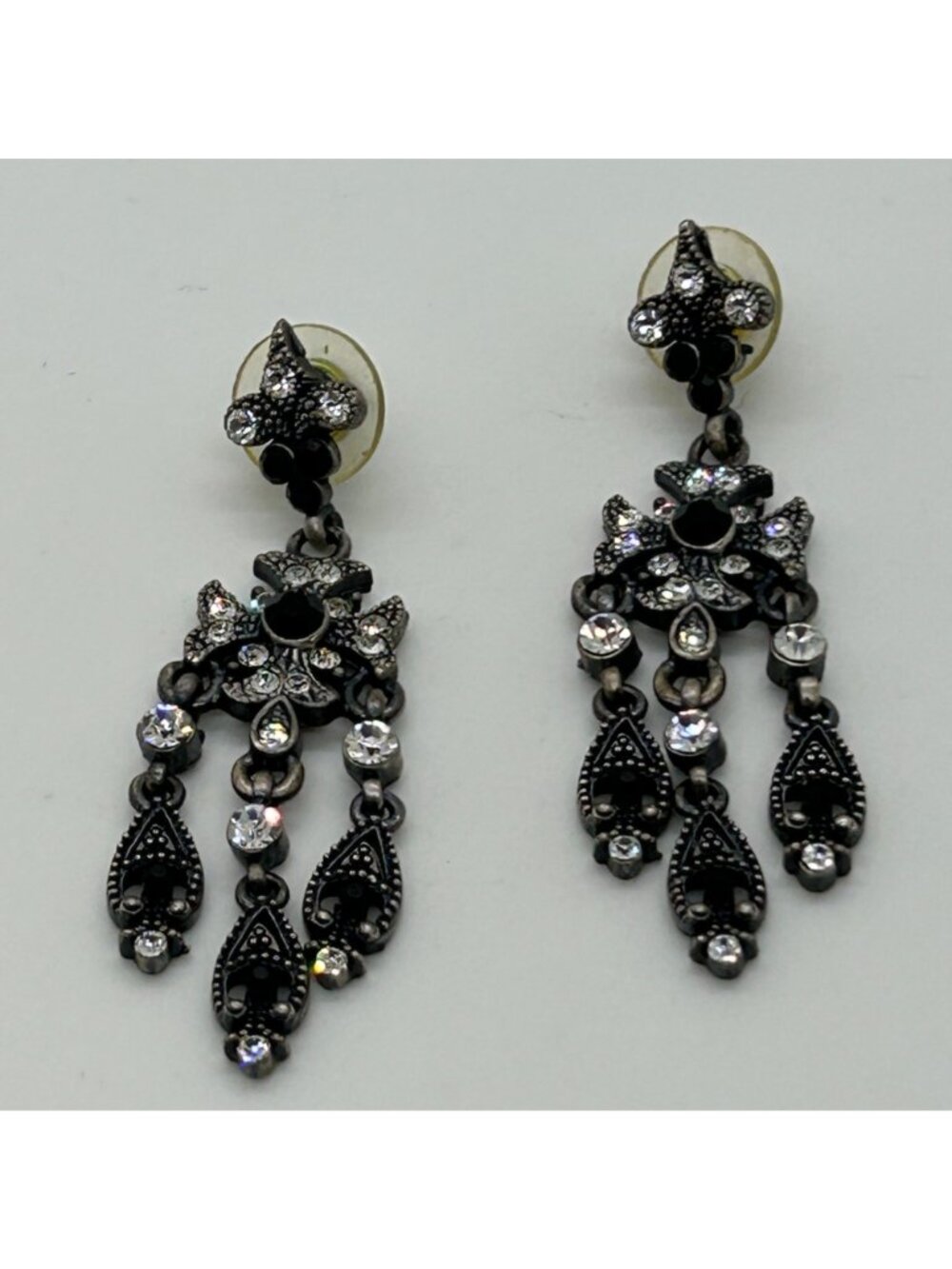 Gothic Chandelier Earrings Gunmetal Victorian Revival Black Rhinestone Statement - Picture 2 of 13